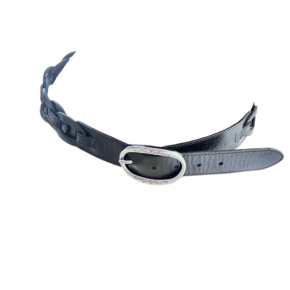 Brighton Black Leather Woven Belt Chain Form Silver Tone Buckle 34